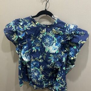 Brand New - Candace Cameron Bure Navy Floral Ruffle Sleeve Top